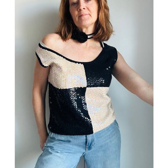 Vintage 90s Sequin Sweater Vest Black White Embellished  size Medium Knit - Picture 9 of 9